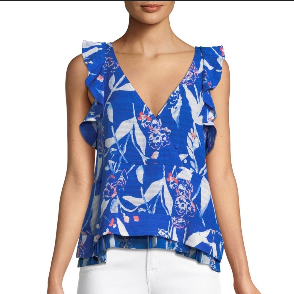 Tanya Taylor Blue Floral Ruffle V-Neck Tank